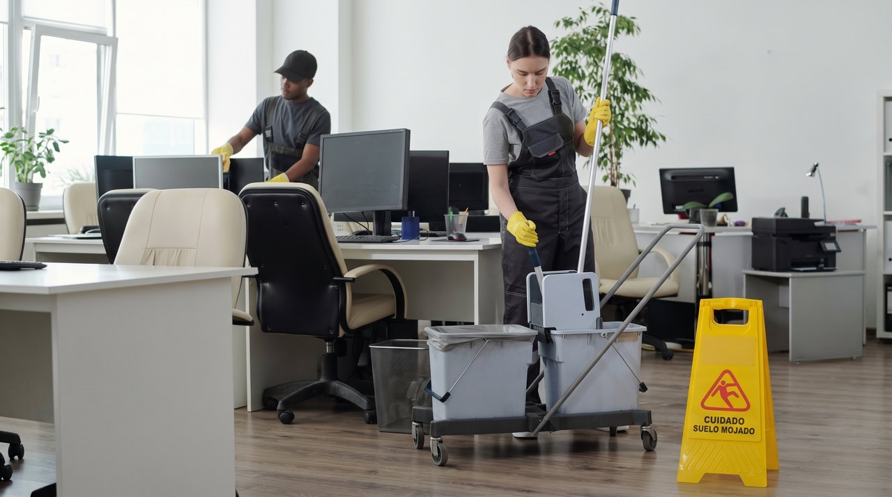 Uniformed ISAN Enterprises team mopping floors and sanitizing workstations in a corporate office