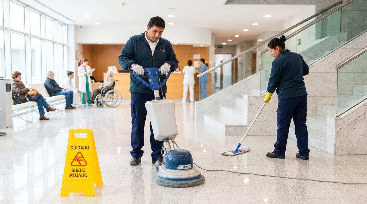 ISAN Enterprises floor care specialists operating rotary floor scrubber in a commercial building lobby