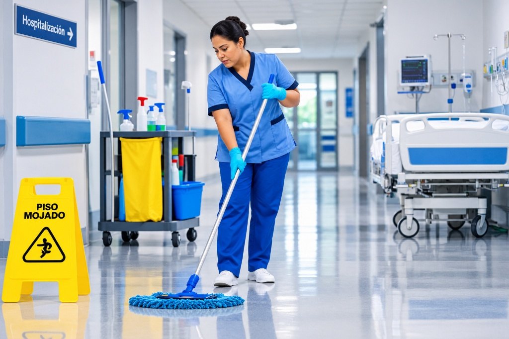 Healthcare environmental services specialist disinfecting hospital corridor floor