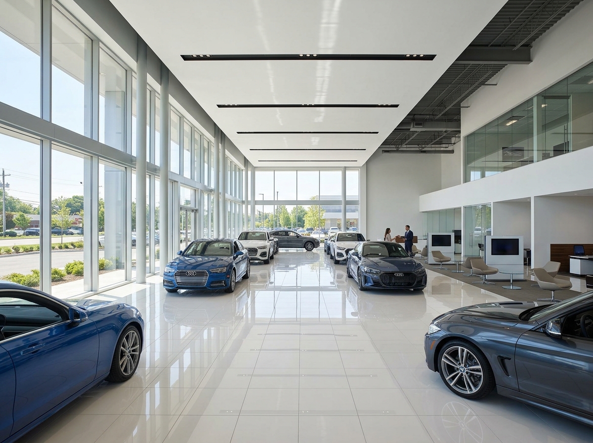 Spotless luxury car dealership showroom with gleaming tile floors