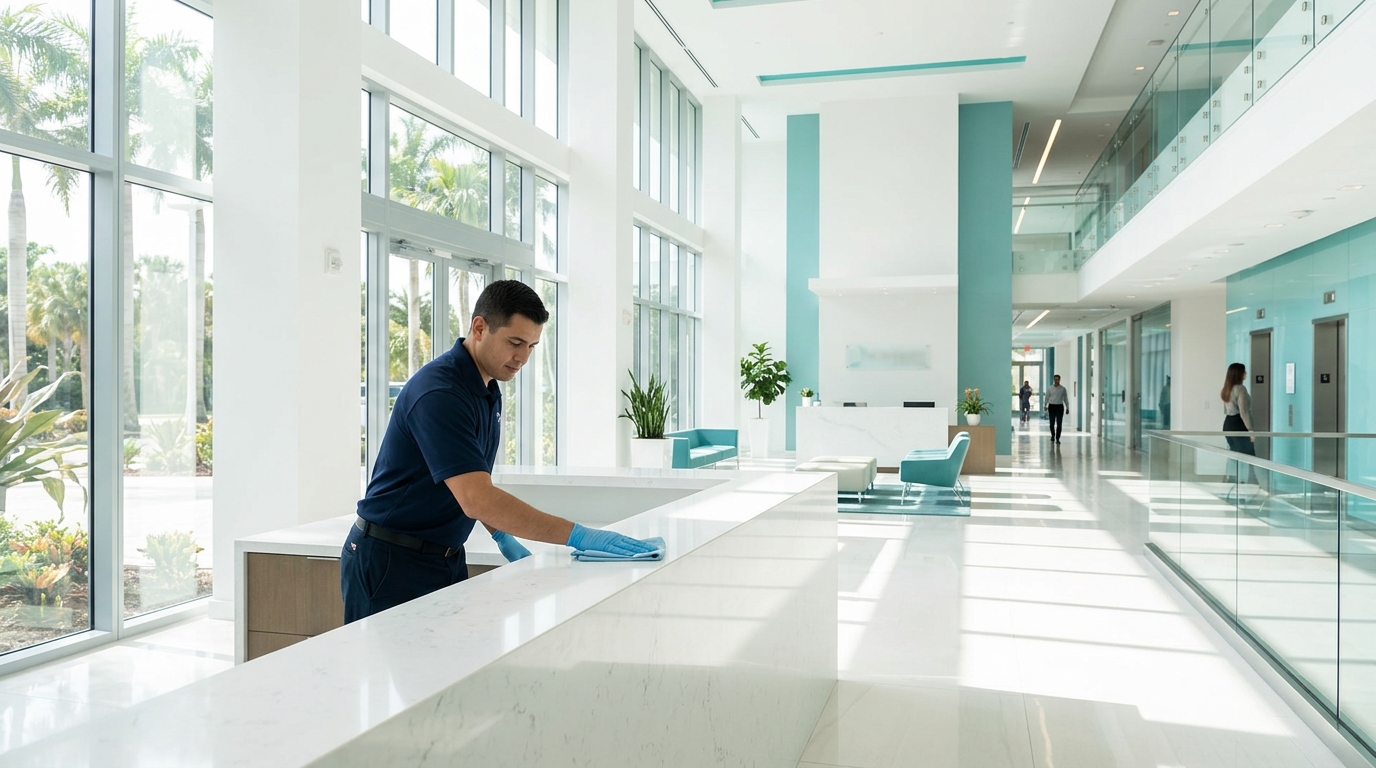 ISAN Enterprises Inc. professional wearing navy blue polo uniform sanitizing a bright corporate reception lobby in Fort Lauderdale