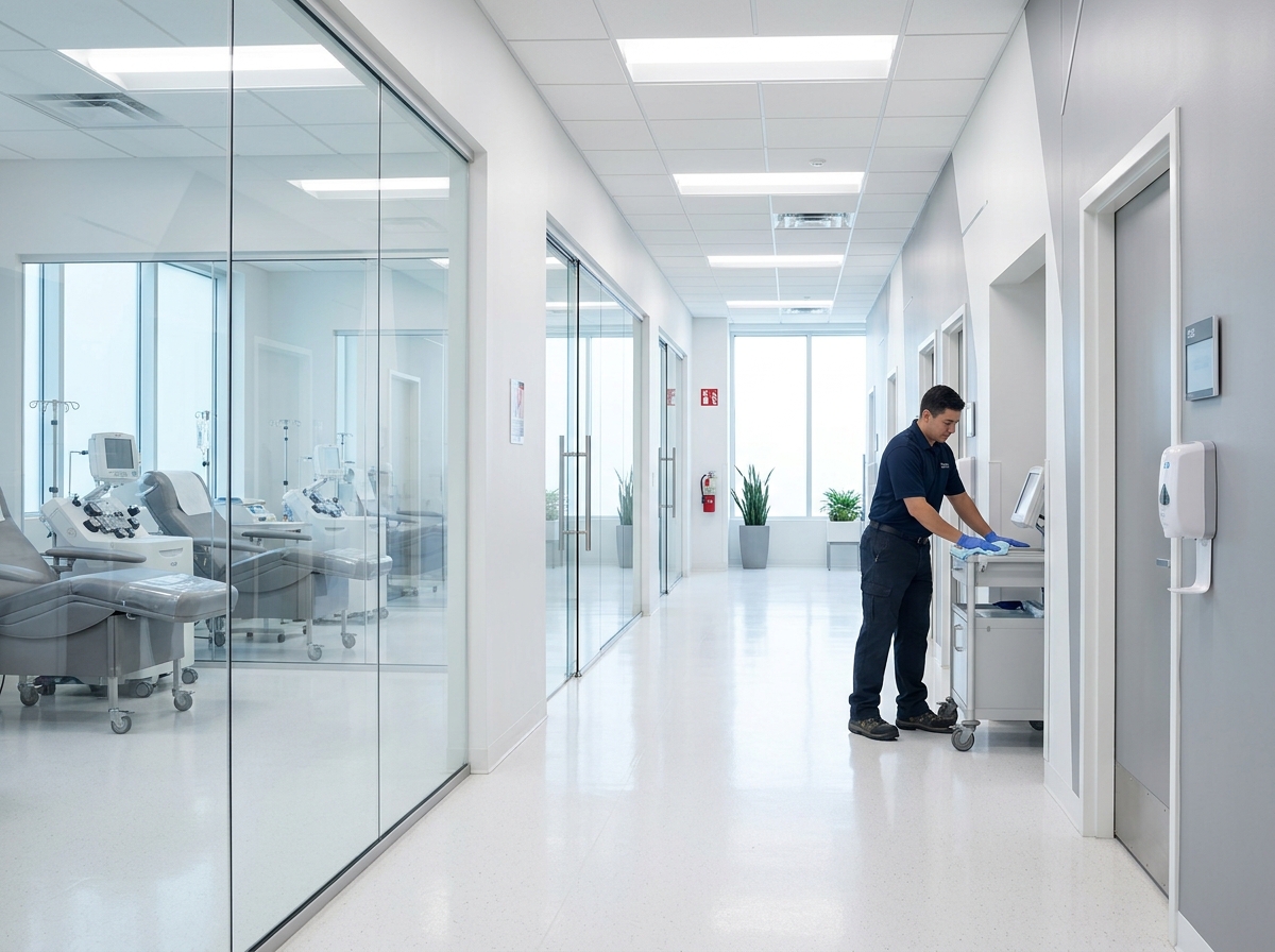 Sterile medical and plasma donation center hallway cleaned by ISAN Enterprises technician